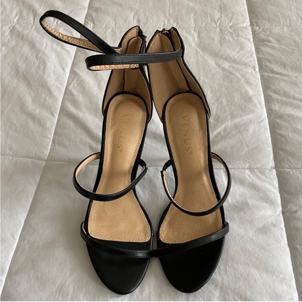 Venus strappy black sandals. Approx 4” heel.  NWOT
